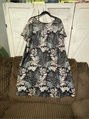 Lane Bryant Black Floral Midi Dress with Pastel Accents